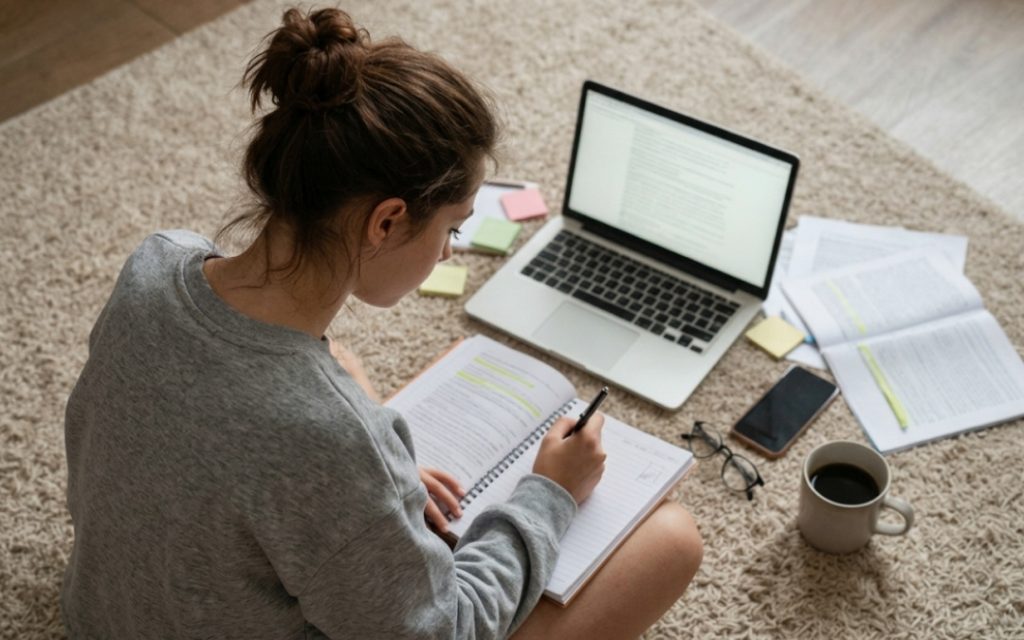 Dziewczyna siedzi na podłodze z notatnikiem na kolanach i laptopem przed sobą, pilnie przygotowując się do korepetycji z matematyki online.