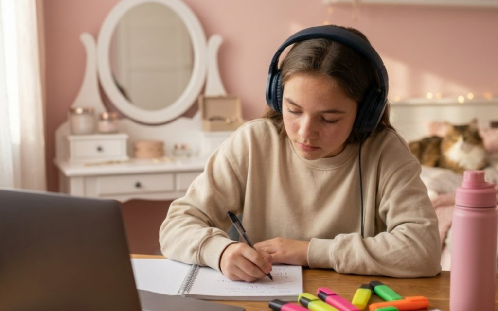 Młoda uczennica w słuchawkach robi notatki na biurku przy laptopie, skupiona na korepetycjach z matematyki online.