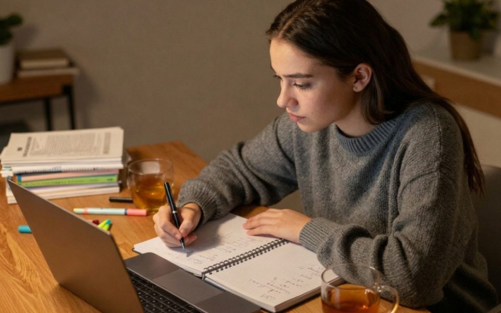 Nastolatka w szarym swetrze pisze w zeszycie przy laptopie, obok książek i herbaty.