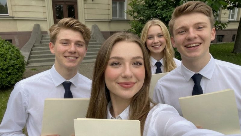 Radosna młodzież w strojach galowych robi selfie przed budynkiem szkoły, ciesząc się z dobrych wyników.