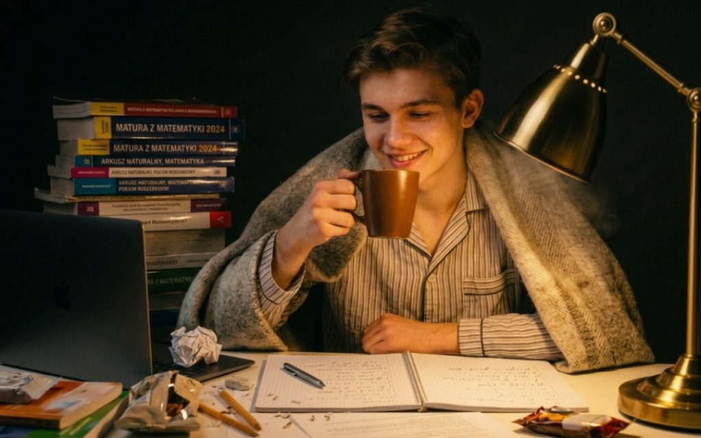 Uczeń owinięty kocem pije herbatę podczas nocnej nauki przy biurku oświetlonym lampką.
