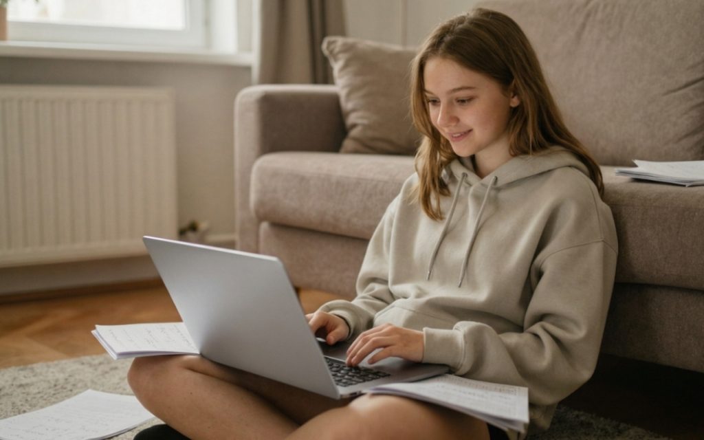 Uśmiechnięta dziewczyna z laptopem i notatkami powtarza w domu materiał, przygotowując się na korepetycje z matematyki online.