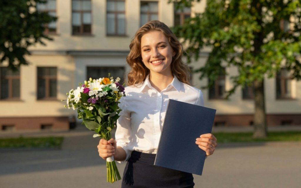 Uśmiechnięta maturzystka w białej koszuli stoi przed szkołą z bukietem kwiatów i granatową teczką ze świadectwem.