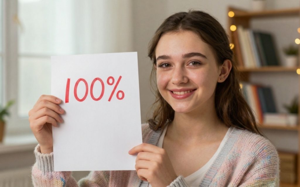 Uśmiechnięta uczennica dumnie prezentuje kartkę z wynikiem 100%.