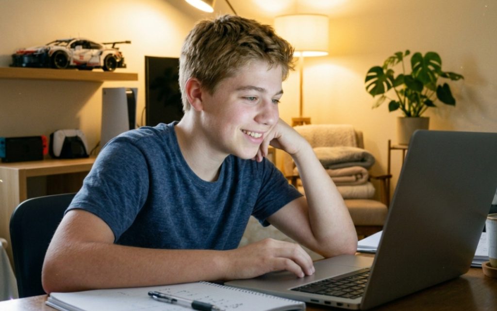Uśmiechnięty nastolatek siedzi przy biurku i patrzy w laptopa obok zeszytu.