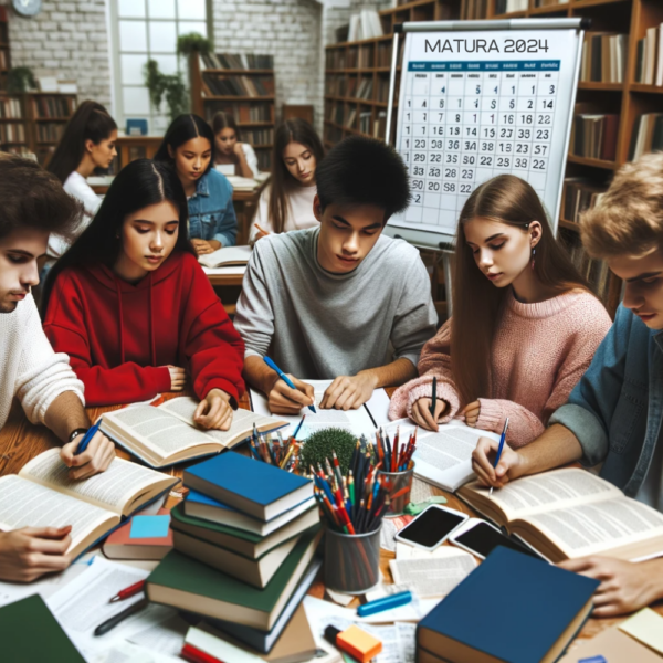 [Uczę Matmy] Sklep. Korepetycję grupowe do matury z matematyki. Uczniowie uczą się razem w bibliotece do egzaminu