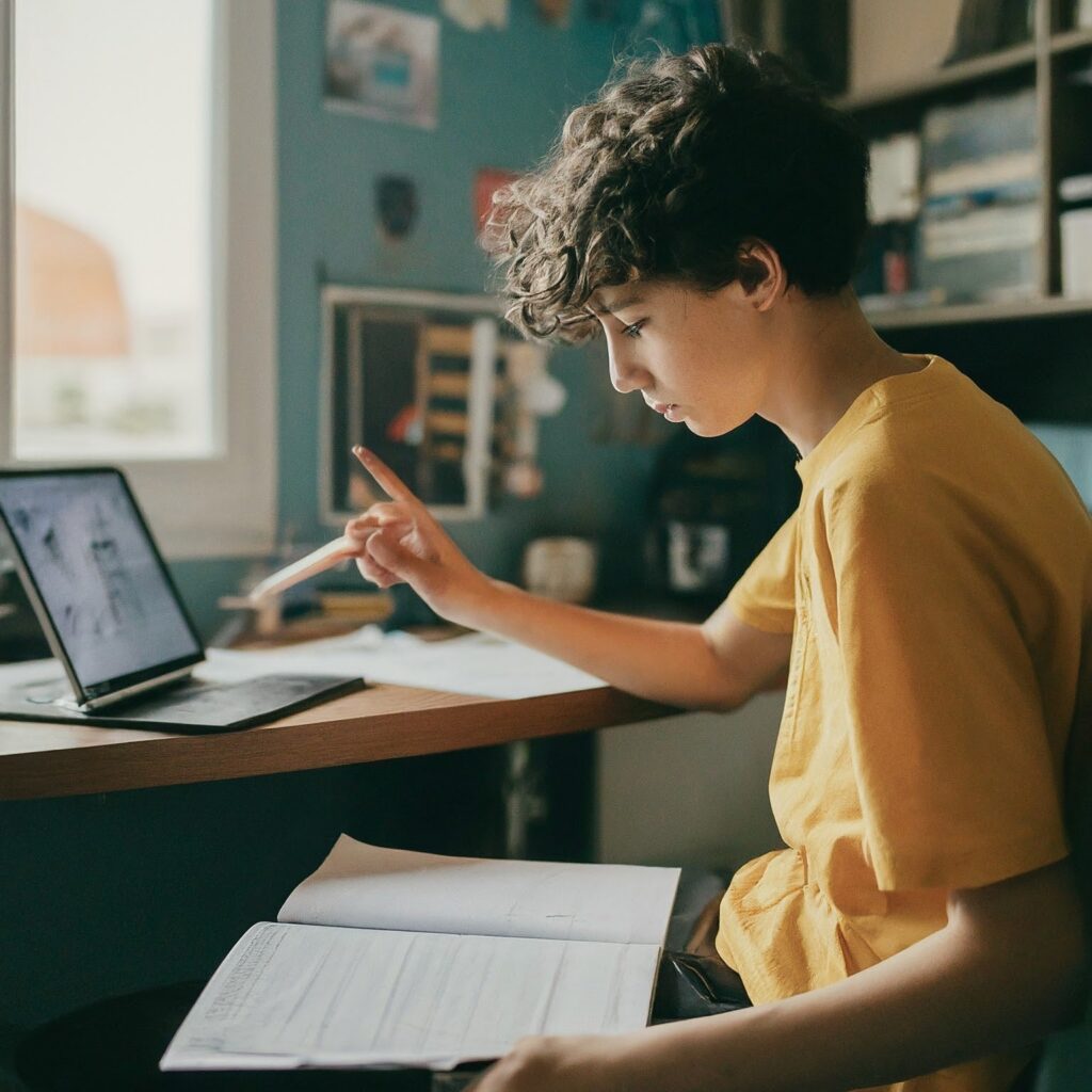 Chłopiec uczący się na korepetycjach z matematyki online