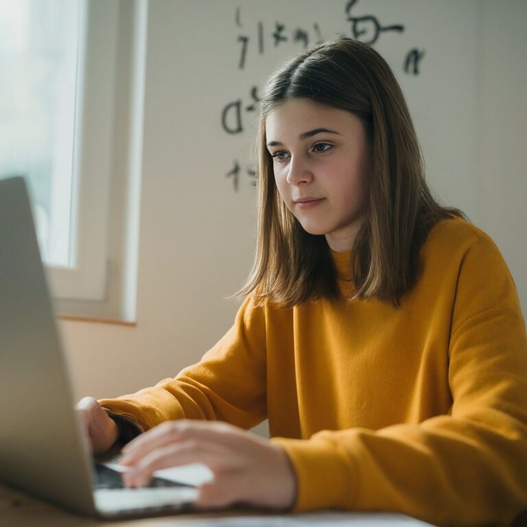 Dziewczyna uczy się korzystając z laptopa