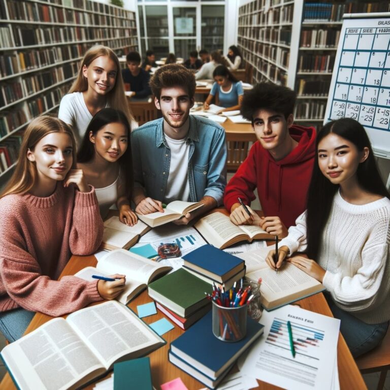 Grupa maturzystów ucząca się razem w bibliotece