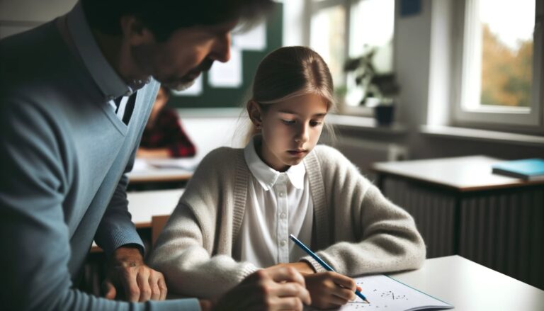 Nauczyciel tłumaczy zadanie z matematyki