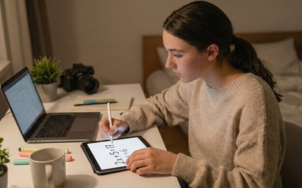 Nastolatka w beżowym swetrze rozwiązuje zadania rysikiem na tablecie wieczorem przy biurku z laptopem.