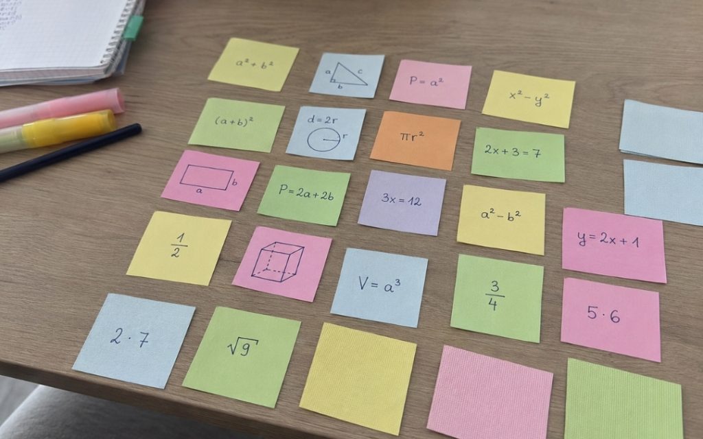 Kolorowe fiszki z zadaniami matematycznymi leżą rozłożone na biurku.
