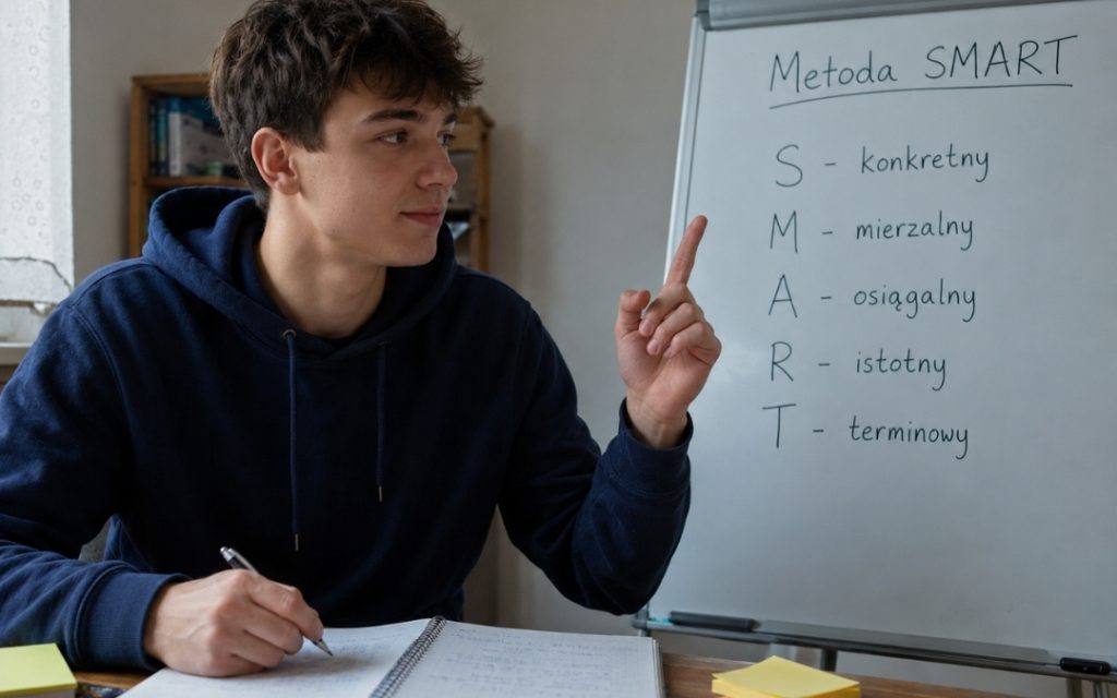 Nastolatek uczy się metody SMART przy tablicy, notując cele w zeszycie.