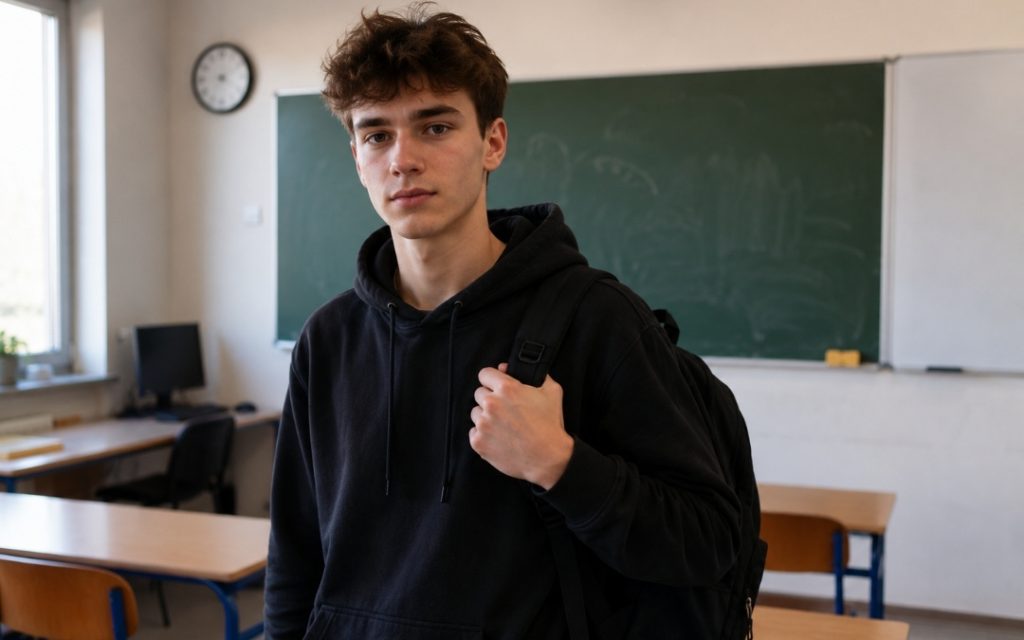 Nastolatek z plecakiem stoi w klasie na tle tablicy.