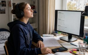 Nastolatka w słuchawkach spokojnie oddycha przy biurku z monitorem pełnym zadań matematycznych.