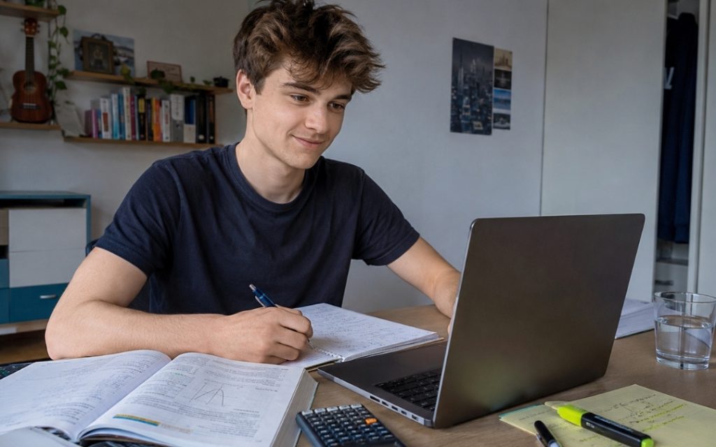 Spokojny i pewny siebie nastolatek uczy się matematyki przy laptopie.