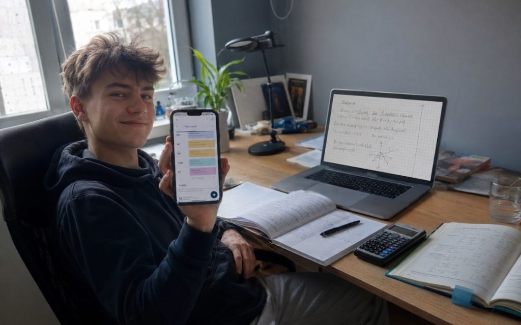 Uczeń uśmiecha się po lekcji online, pokazując na telefonie uporządkowany plan nauki.