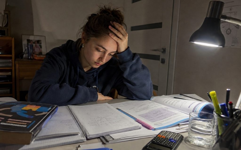 Zmęczona maturzystka łapie się za głowę podczas wieczornej nauki matematyki przy biurku.