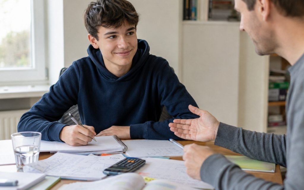 Zmotywowany nastolatek rozmawia z coachem edukacyjnym przy stole z notatkami i materiałami do nauki.