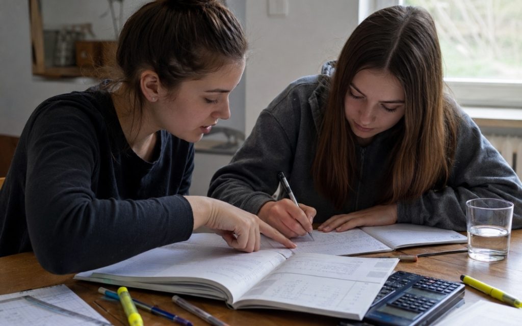 Dwie nastolatki wspólnie rozwiązują zadanie matematyczne przy stole, korzystając z zeszytów, podręcznika i kalkulatora.