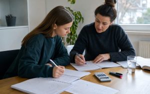 Korepetytorka tłumaczy uczennicy zadanie z matematyki przy stole z zeszytami, kalkulatorem i notatkami.
