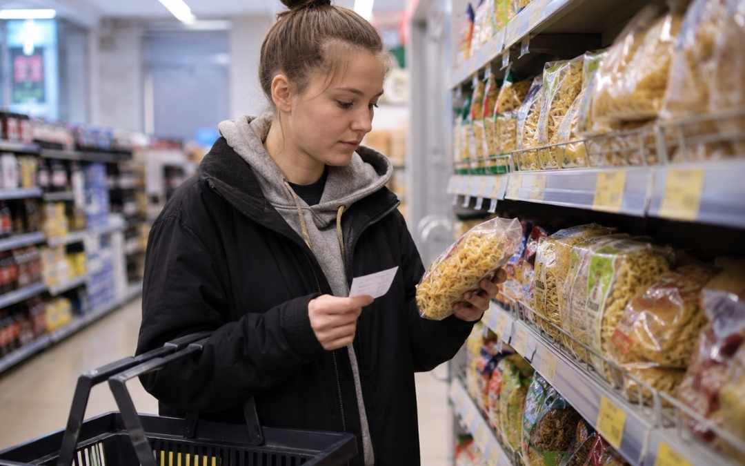 Maturzystka robi zakupy spożywcze i porównuje ceny produktów na sklepowej półce.