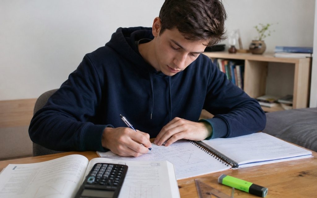 Nastolatek skupiony na nauce matematyki zapisuje zadania w zeszycie przy biurku z podręcznikiem i przyborami geometrycznymi.