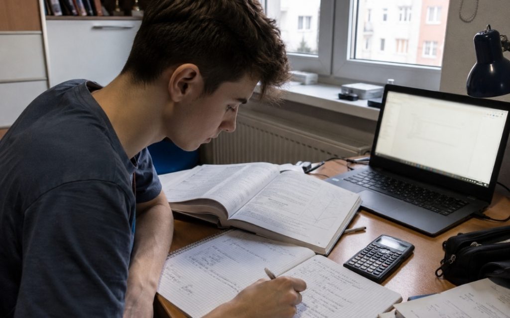 Nastolatek uczy się matematyki przy biurku, zapisując obliczenia w zeszycie obok laptopa i otwartego podręcznika.