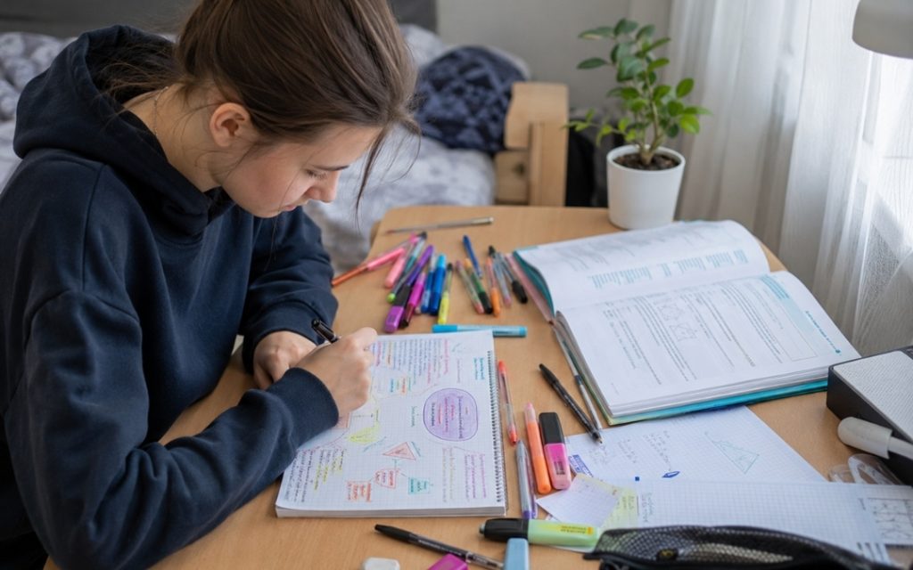 Nastolatka tworzy kolorowe notatki z matematyki przy biurku, korzystając z podręcznika, zakreślaczy i zeszytu.