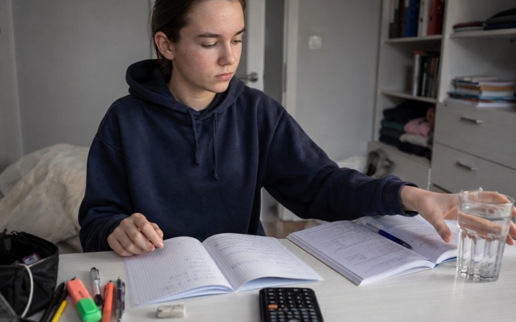 Nastolatka uczy się matematyki przy biurku, sięgając po szklankę wody obok zeszytów, podręcznika i kalkulatora.