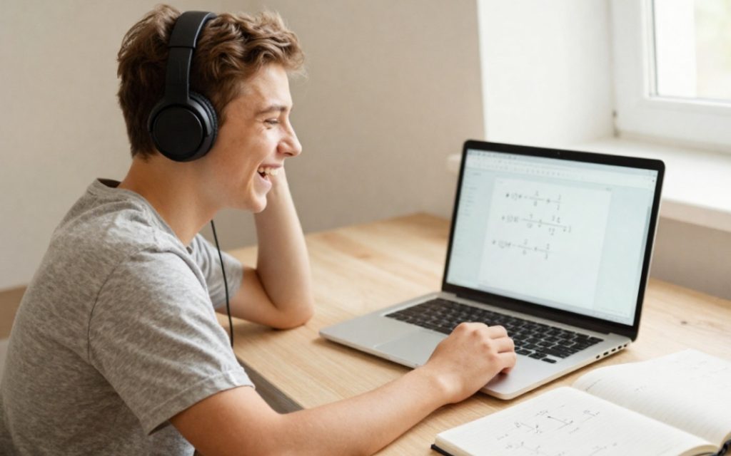 Roześmiany nastolatek w słuchawkach uczy się matematyki online przy laptopie.