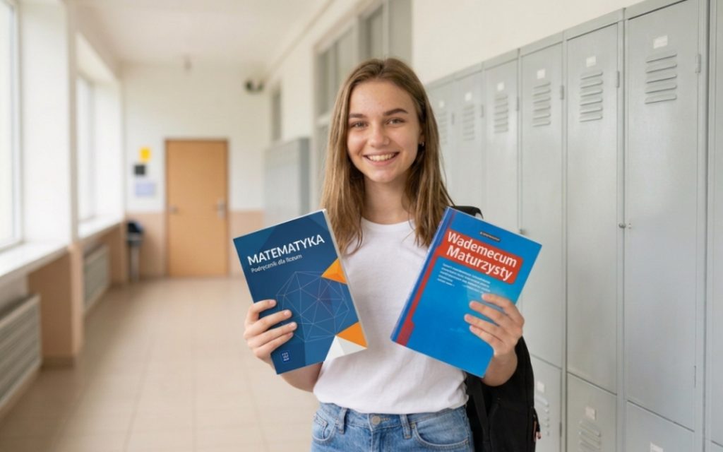 Uśmiechnięta nastolatka na szkolnym korytarzu trzyma podręcznik do matematyki i Wademecum Maturzysty.