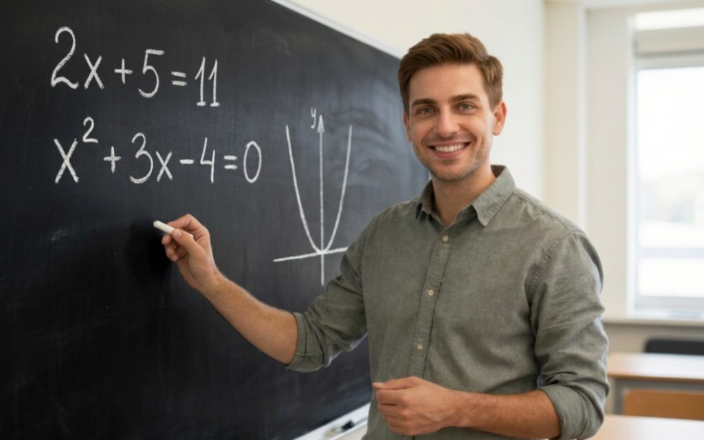 Uśmiechnięty nauczyciel matematyki stoi przy tablicy z zapisanymi równaniami i wykresem funkcji.