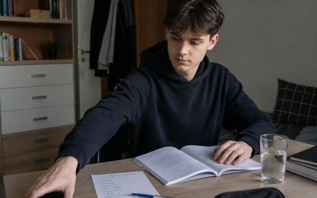 Nastolatek odkłada telefon podczas nauki, siedząc przy biurku z zeszytem, szklanką wody i planem pracy.