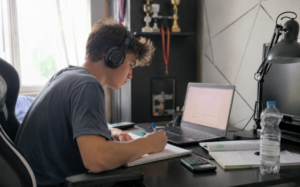 Nastolatek uczy się online przy biurku w słuchawkach, zapisując notatki obok laptopa i podręcznika.