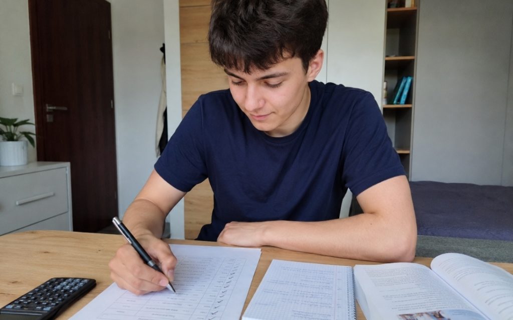 Nastolatek wypełnia kartę pracy przy biurku, korzystając z zeszytu, podręcznika i kalkulatora.