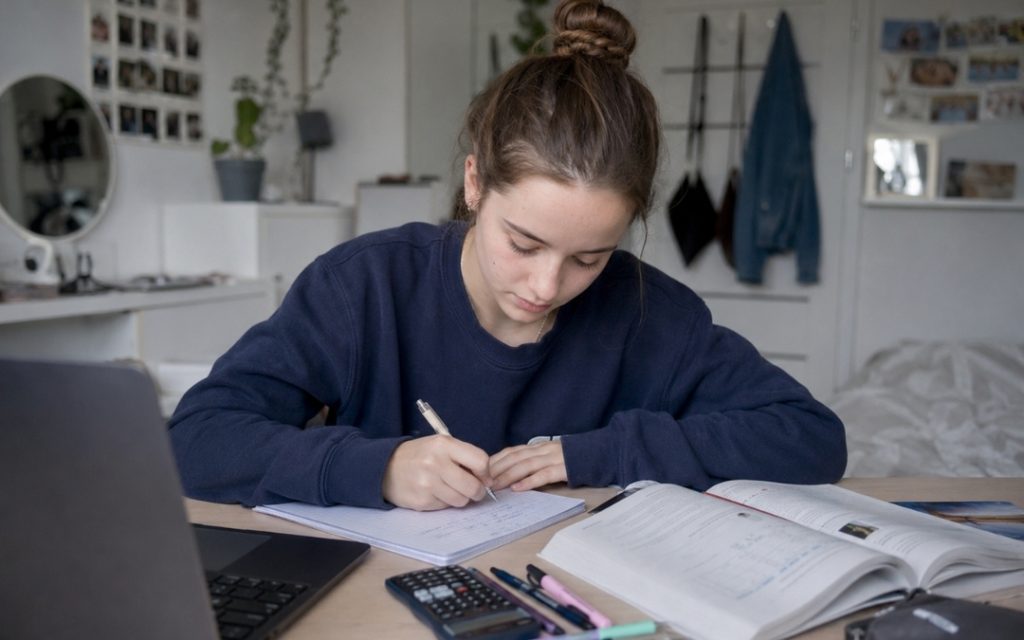 Nastolatka uczy się przy biurku, zapisując notatki w zeszycie obok laptopa, podręcznika i kalkulatora.