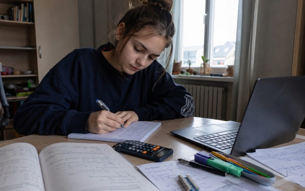 Nastolatka w wieku licealnym uczy się matematyki przy biurku, zapisując notatki obok laptopa, podręcznika i kalkulatora.