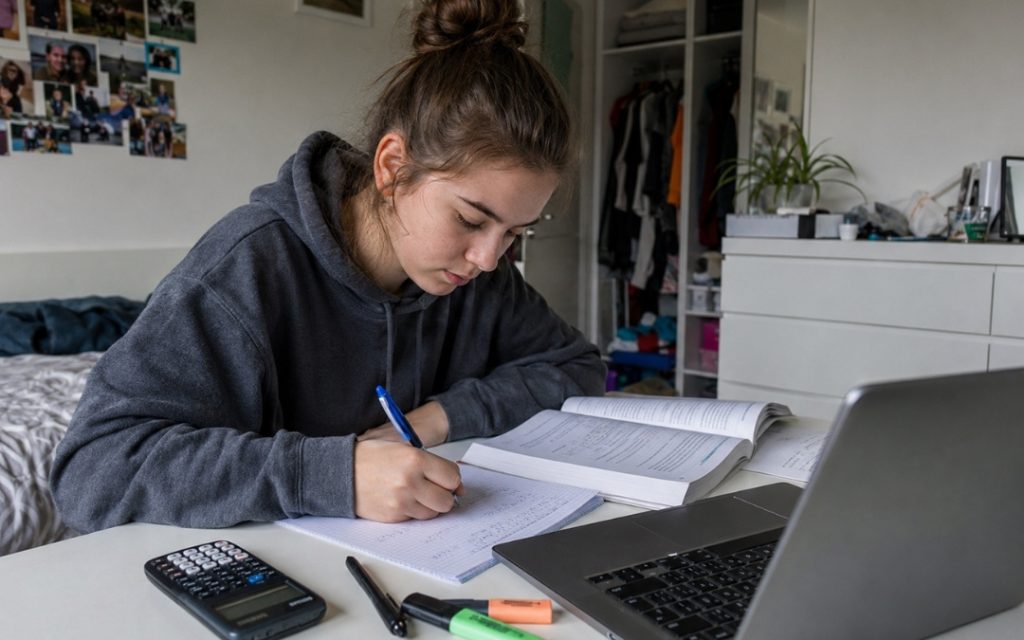 Nastolatka w wieku licealnym uczy się przy biurku, zapisując notatki obok laptopa, podręcznika i kalkulatora.