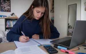 Nastolatka w wieku licealnym uczy się przy biurku, zapisując obliczenia w zeszycie obok laptopa, podręcznika i kalkulatora.