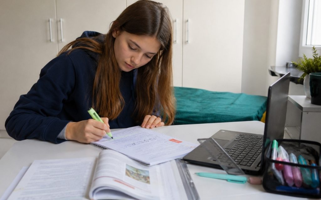 Nastolatka zaznacza najważniejsze informacje w zeszycie podczas nauki przy laptopie i otwartym podręczniku.