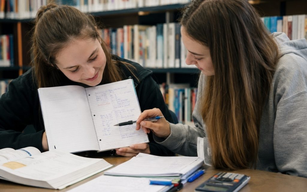 Dwie licealistki w bibliotece omawiają notatki metodą Cornella, wskazując ważne informacje w zeszycie.