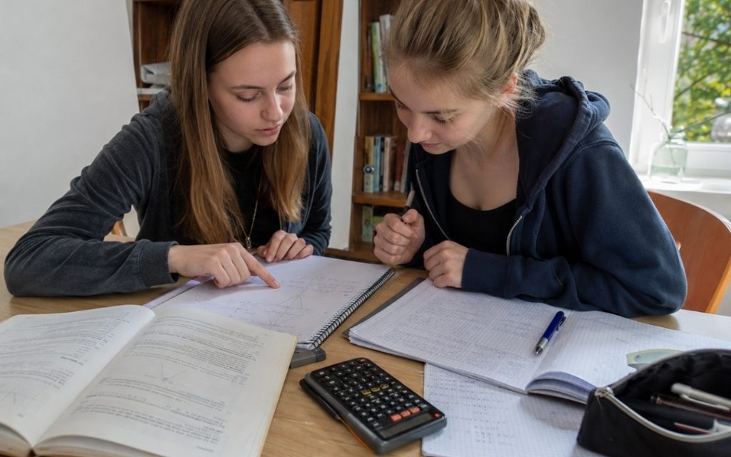 Dwie licealistki wspólnie omawiają zadanie matematyczne przy stole, korzystając z zeszytów, podręcznika i kalkulatora.