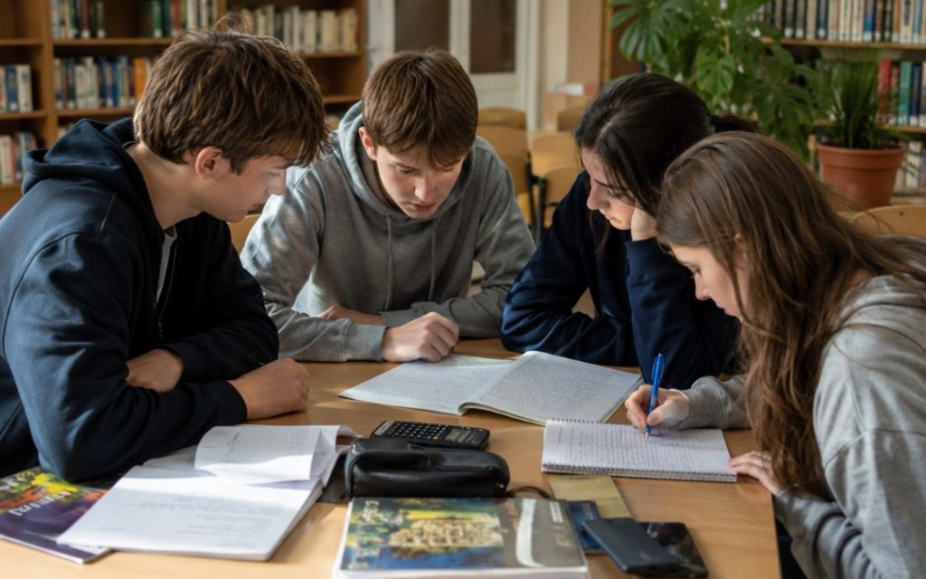 Grupa licealistów wspólnie uczy się w bibliotece, analizując zadania i zapisując rozwiązania w zeszytach.