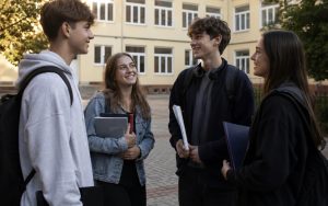Grupa uśmiechniętych licealistów rozmawia przed szkołą, trzymając zeszyty i plecaki.