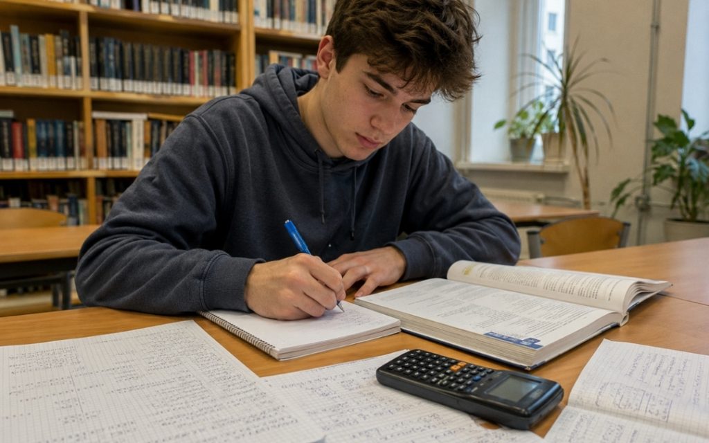 Licealista uczy się w bibliotece, zapisując notatki matematyczne obok otwartego podręcznika i kalkulatora.