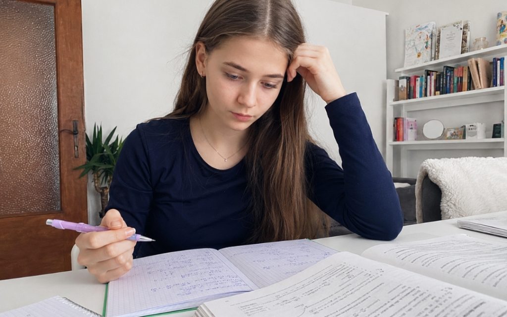 Licealistka analizuje zadanie matematyczne przy biurku, zapisując własne wyjaśnienia w zeszycie.