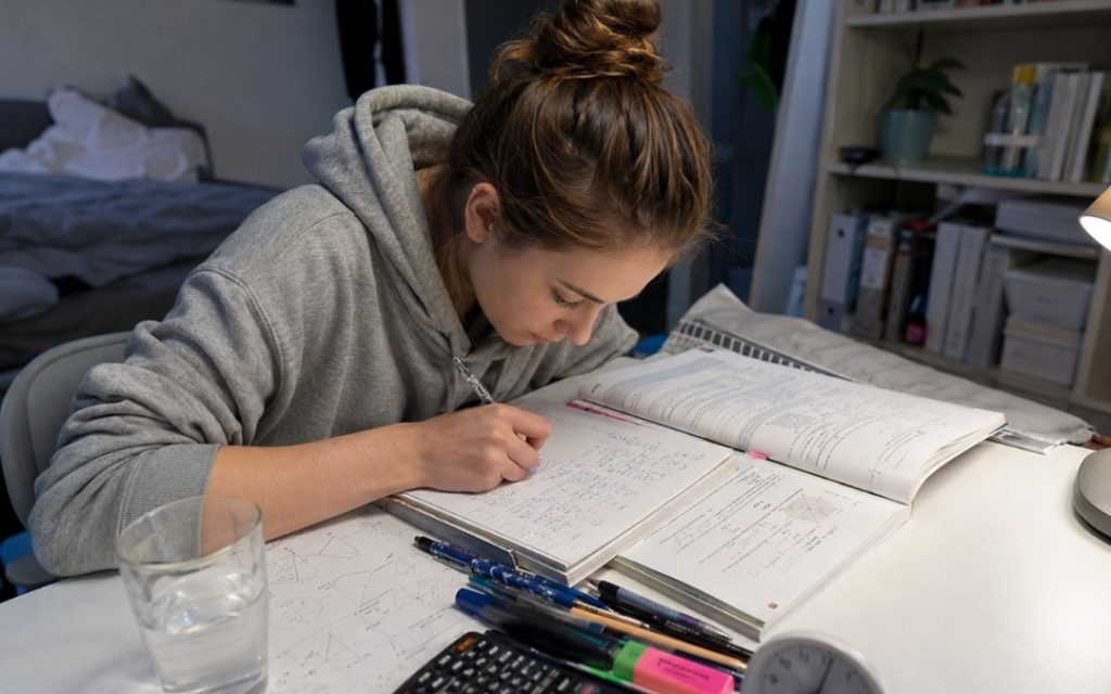 Licealistka intensywnie uczy się matematyki przy biurku, korzystając z podręczników, notatek, kalkulatora i timera.