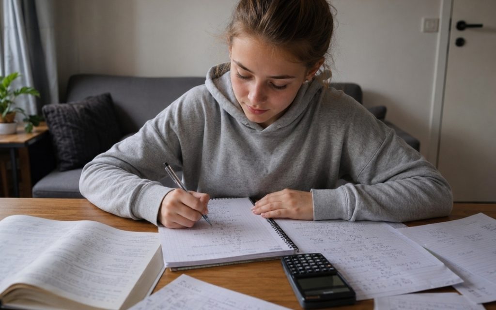 Licealistka samodzielnie zapisuje krok po kroku rozwiązanie zadania matematycznego w zeszycie.