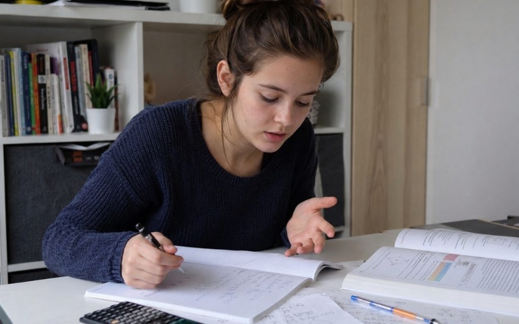Licealistka siedzi przy biurku i tłumaczy sobie zadanie z matematyki, zapisując wyjaśnienia w zeszycie obok podręcznika i kalkulatora.